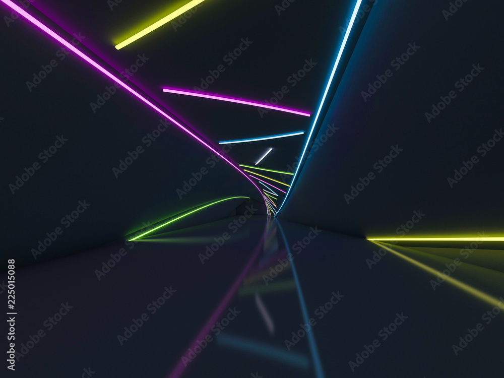 Poster background of an empty room with walls and neon light. neon rays and glow. 3d