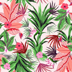 vector seamless beautiful artistic bright tropical pattern with exotic forest. Colorful original stylish floral background print, bright rainbow colors on pink.
