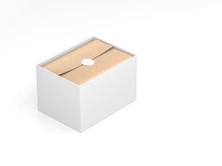 Opened large white Box Mockup with kraft wrapping paper and label isolated on white
