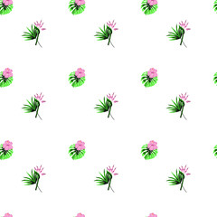 Seamless pattern of small flowers and palm leaves on white  background in the style of polka dot