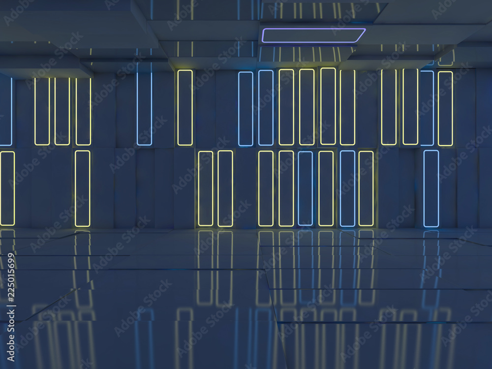 Poster background of an empty room with walls and neon light. neon rays and glow. 3d