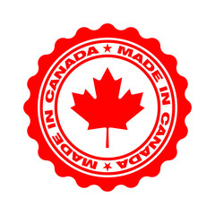 Stamp with text made in Canada. Logo canadian quality. Seal  maple leaf in circle. Icon premium quality. Label made in Canada. Vector illustration