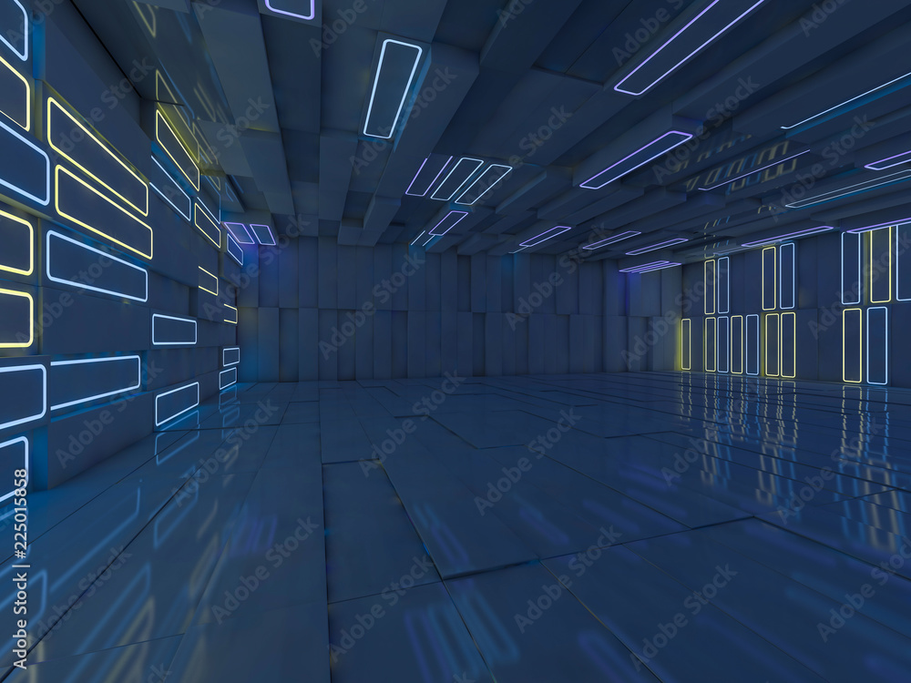 Poster background of an empty room with walls and neon light. neon rays and glow. 3d