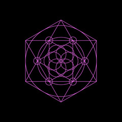 Naklejka premium Vector neon sacred geometry symbols with triangle, hexagon, circle and floral motif. Bright mystical geometry symbol on black background
