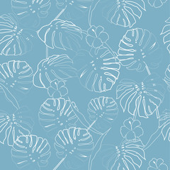 White outline palm leaves on the light blue  background. Vector seamless pattern. Tropical illustration. Jungle foliage.