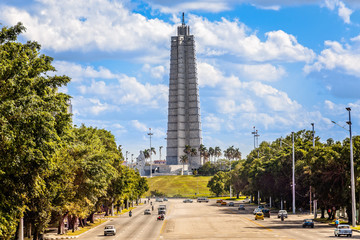 Jose Marti square view with monument, memorial tower and road wi