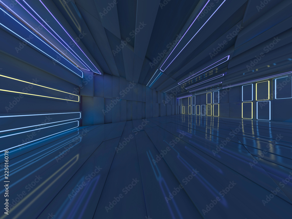 Poster background of an empty room with walls and neon light. neon rays and glow. 3d