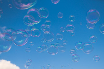 Giant soap bubbles floating in the air