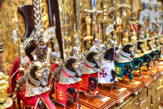 Toy knights with horses sold at souvenir shop in Toledo Old Town, Spain