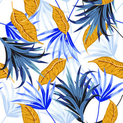 vector seamless beautiful artistic darkt tropical pattern with exotic forest. Blue leaves original stylish floral background print, bright flower on white