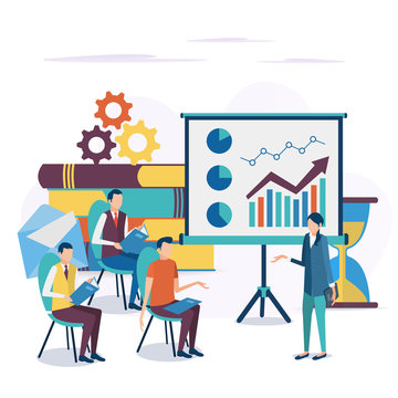 The concept of business training. Corporate training. Seminar for employees. Analysis of statistics. Briefing. Vector illustration in flat style.
