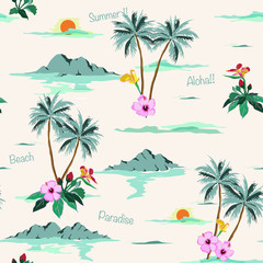 Beautiful seamless island pattern on light beige background. Landscape with palm trees,beach and ocean vector hand drawn style.