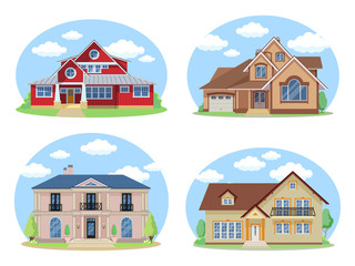Vector Buildings Set. Flat Design Houses Isolated on White Background. cartoon house exterior with blue clouded sky Front Home Architecture Concept Flat Design Style.