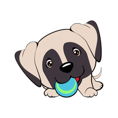 Vector cartoon style drawing of a playful puppy playing with a tennis ball.