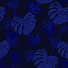 monotone vector seamless beautiful artistic bright tropical pattern with exotic forest. momotone blue original stylish floral background print, bright  colors on navy blue