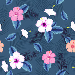 vector seamless beautiful artistic darkt tropical pattern with exotic forest. Colorful original stylish floral background print, colors on dark blue