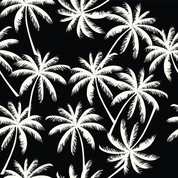 White  palm trees on the black background. Vector seamless pattern. Tropical illustration. Jungle foliage.