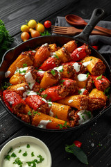 Sausage meat, mince and rice Stuffed sweet mini bell peppers baked in cast iron skillet, pan topped with yogurt and fresh parsley