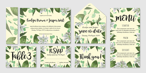 Template set wedding invite, invitation menu, rsvp, thank you card, table, vector floral greenery design. Watercolor style herbs, eucalyptus, white lily. Cute greeting