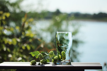 empty glass on the background of the river