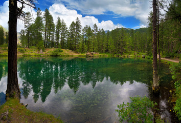 alpine lake in a pine forest in Rhemes Notre Dame, Valle dAosta, Italy,