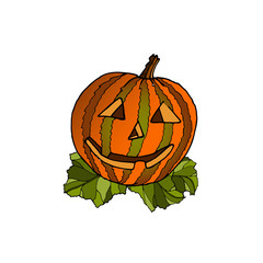 Pumpkin with carved spooky and funny face.