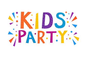 Kids party text banner. Vector letterring in childhood colorful cartoon alphabet