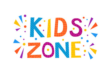 Kids zone text banner. Vector letterring in childhood colorful cartoon alphabet