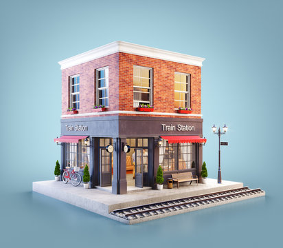 Unusual 3d illustration of a train station building