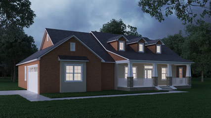 Cozy brick house with a large garden and lawn. Home exterior. Twilight, night lighting. 3D rendering.
