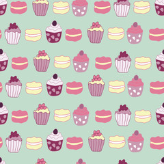 Vector Green Garden Tea Party Cake Seamless Pattern Background. Perfect for fabric, wallpaper and scrapbooking projects.
