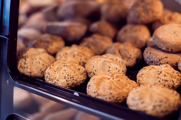 Fresh bakery products in a bakery shop - close up shot.