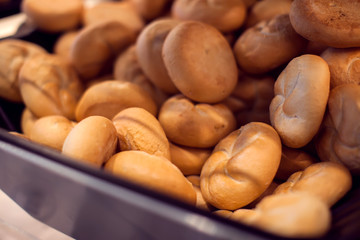 Fresh bakery products in a bakery shop - close up shot.