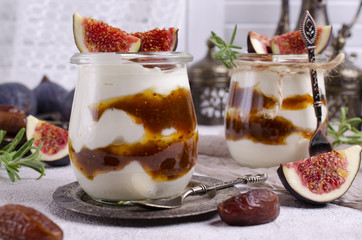 Traditional natural yogurt with jam