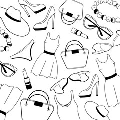 Women clothing, shoes, underwear and accessories pattern.