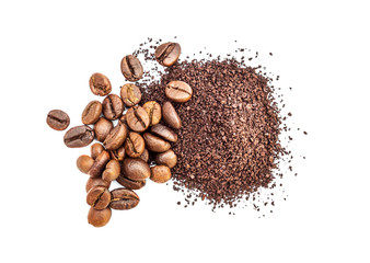 Pile of ground coffee and coffee beans on white. - Powered by Adobe