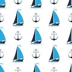 Sea pattern with ships and anchors. Seamless background in a marine style.