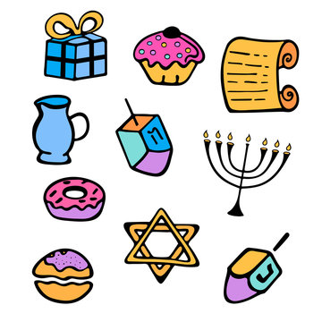 Hanukkah. A set of traditional attributes of the menorah, dreidel, candles, Torah, donuts in a doodle style.