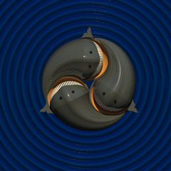Perpetual motion 2. 3D illustration. Three whales playing in the ocean. Collection.