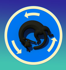Perpetual motion road sign 3D illustration. Circulation, black cat chacing it's tail. Collection.
