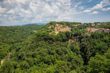 View of surrounding villages as seen from Pitigliano, Tuscany, Italy.