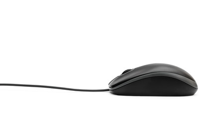 Black computer mouse on white background.