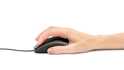 Woman's hand click on black computer mouse. Isolated on white.