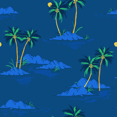 Fototapeta na wymiar Beautiful seamless island pattern background. Landscape with palm trees,beach and ocean vector hand drawn style.On ocean blue Background.