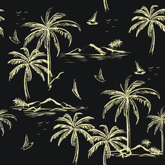 Belle ligne beige motif île transparente sur fond gris foncé. Paysage avec palmiers, plage et océan vecteur style dessiné à la main.