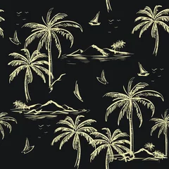 Tapeten Schöne nahtlose Inselmuster beige Linie auf dunkelgrauem Hintergrund. Landschaft mit Palmen, Strand und Ozean Vektor handgezeichneten Stil. © MSNTY_STUDIOX