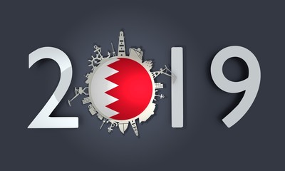 Circle with sea shipping and travel relative silhouettes. Objects located around the circle. Industrial design background. Bahrain flag in the center. 2019 year number. 3D rendering