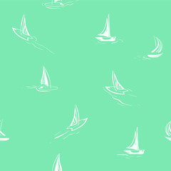Hand drawing wind surf seamless pattern in vector. Flat style illustration. Summer beach surfing illustration in the ocean on green mint background. 