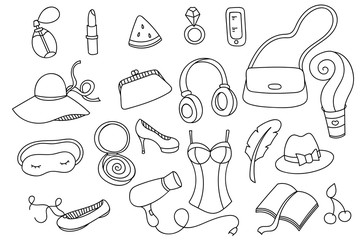 Doodle set of women's items and accessories. Female objects in cartoon style. Easy to change color, vector art.