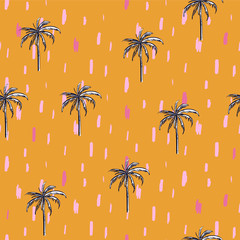 Beautiful colorful seamless island with paint stroke pattern on bright orange background. Landscape with palm trees,beach and ocean vector hand drawn style.